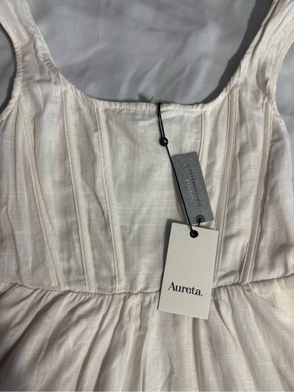 Anthropologie Aureta Cream Linen-Blend Gathered Dress